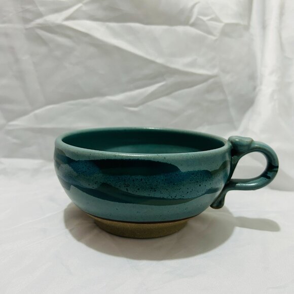 Signed Art Pottery soup mug bowl Teal Blue green glaze Thumb Rest - Picture 2 of 15